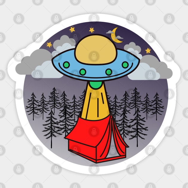 Alien Spaceship Visits Campers – Blue Red Sticker by KoreDemeter14